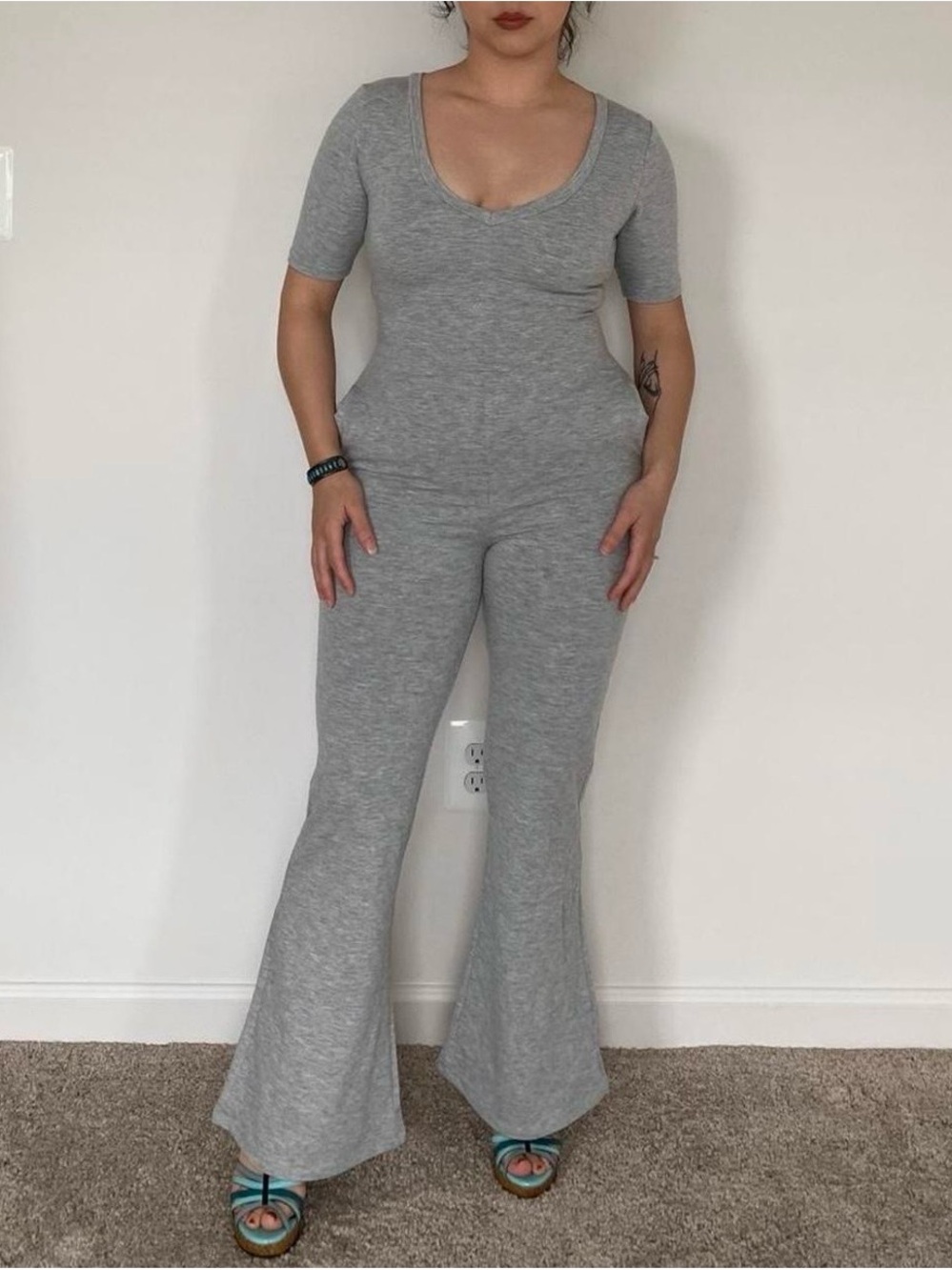 Women’s Gray Flared V-Neck Jumpsuit